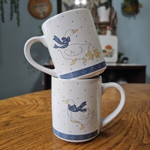 Vintage Nostalgic Country Goose Duck Mugs Blue Bow Ceramic Cottagecore 80s 90s